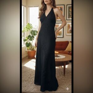Vintage 70's Joy Stevens California Black Lace Halter Maxi Dress Beachy Hippie 2